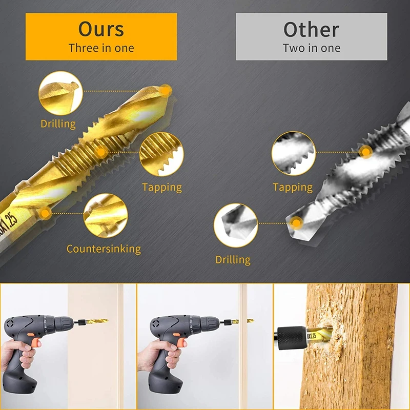 Juego de brocas y taladros combinados de ABPP-7Pcs, herramienta de broca de roscado de tornillo recubierto 3 en 1 para perforar hilo métrico HSS M3-M10