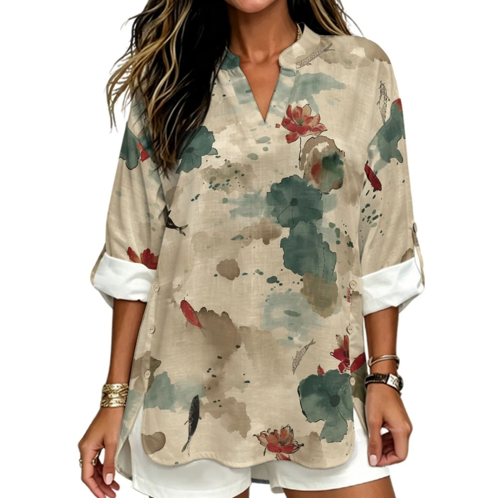 PENSTROLL Ink Koi Lotus Print Linen Like Long Sleeve Womens Tops Side Slit Hem Casual Shirts for Daily Wear Sizes S-5XL
