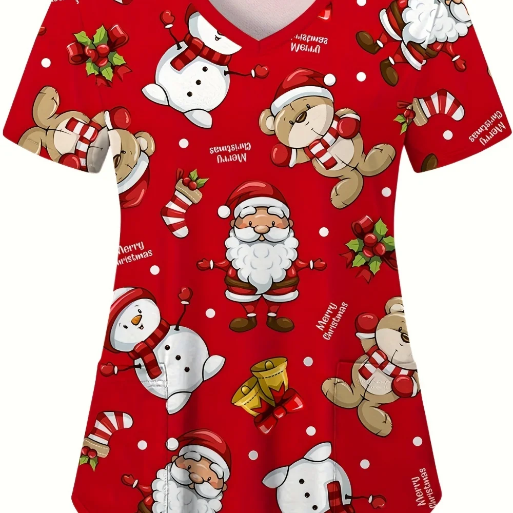 New Christmas Surgical Uniforms Woman Vet Dental Medical Uniform Microstretch V-Neck Short-Sleeve Tops Women's Medical Uniforms