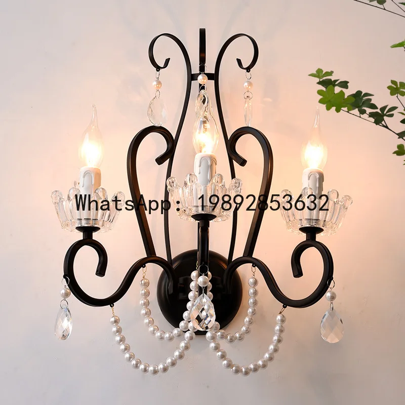 PYJ French retro light luxury bedroom bedside aisle black living room background wall crystal wall