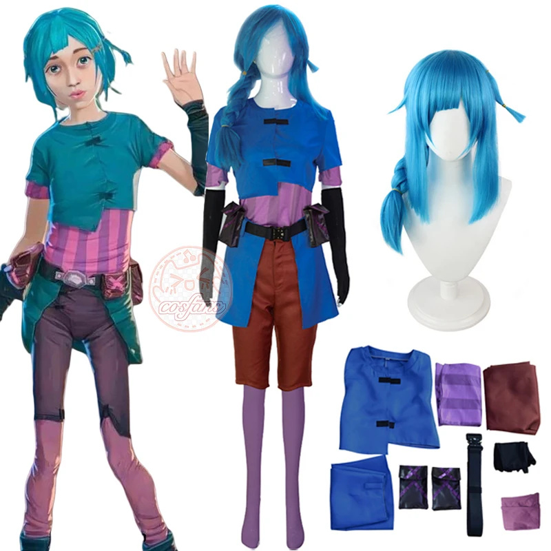 Anime Game LOL Arcane Powder Cosplay Jinx Junior Childhood Costume Uniform Blue Coat Pants Accessories For Girls - view 2