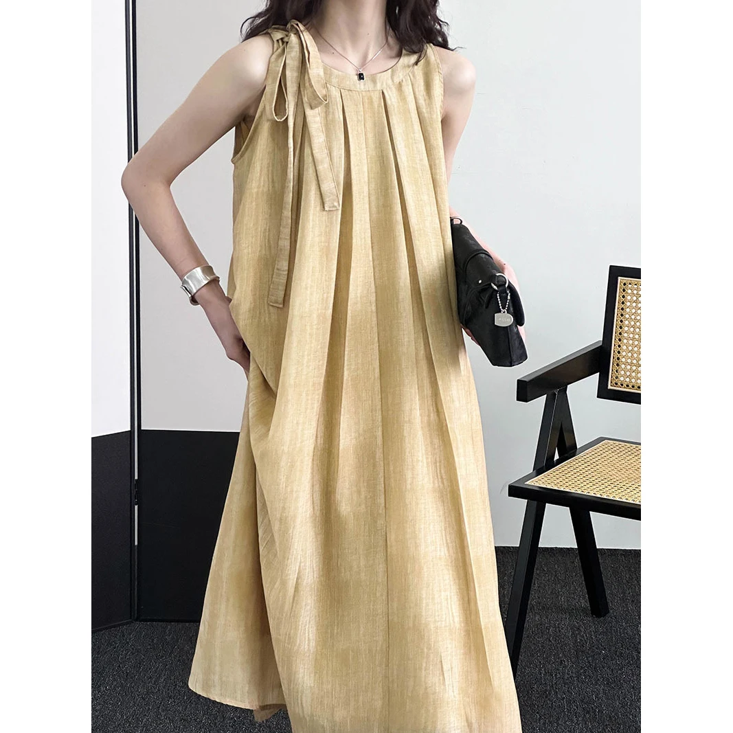 2024 New Women Summer Long Dress Elegant Loose Style Sleeveless Maxi Dress Women Sexy Pleated Dress Vestidos Femme