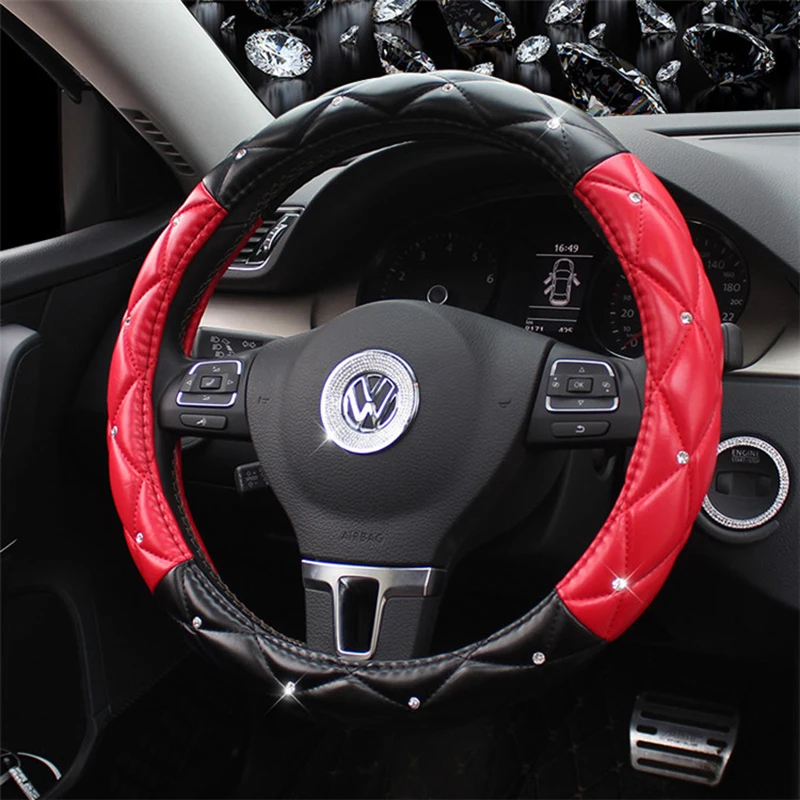 Leather Steering Wheel Covers Bling Rhinestone Auto Cute Handle Cases Pink Car Interior Accessories For Women Girls Purple