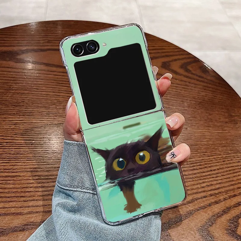 Oil Painting Yellow Dog Black Cat Phone Case For Samsung Galaxy Z Flip 6 7 ZFlip 5 Clear Folding Cover For Samsung ZFlip 7FE 4 3