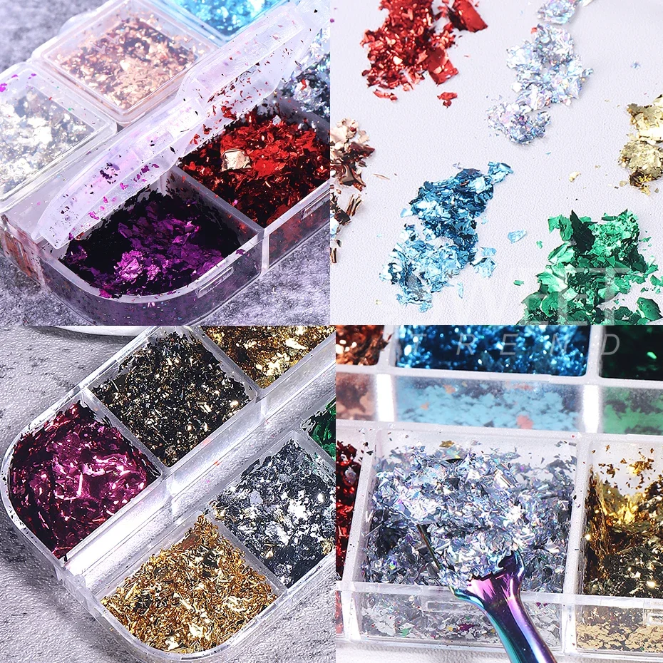 12 grilles feuilles d'or ongles paillettes aléatoires holographiques aluminium feuille d'ongle flocons autocollants paillettes manucure décor fournitures d'ongles