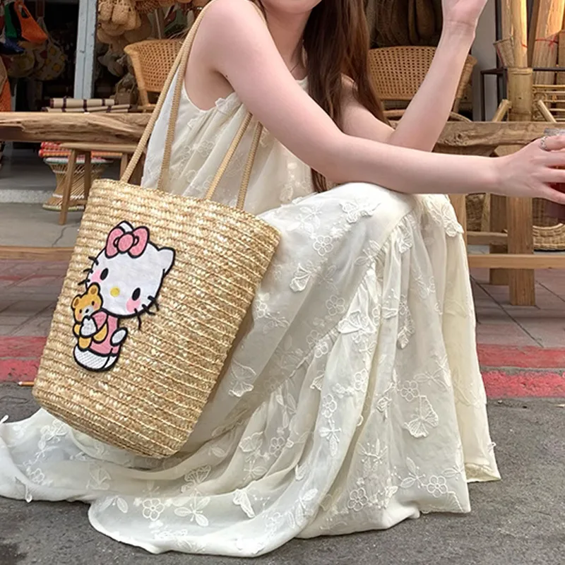 Miniso Hellokitty Bohemian Woven Handbag Sanrio KT Printed Beach Style Shoulder Bag Large Capacity Casual Basket Bags For Women