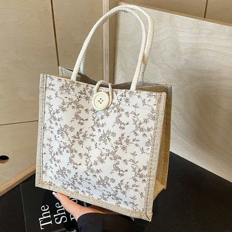 Floral Handheld Lunch Bag, Japanese Girls Canvas Tote Bag, Versatile Commute Handbag for Work Daily Storage Bento Pouch