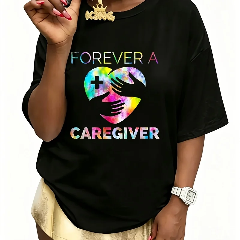 Forever a Caregiver Women's 100% Cotton T-Shirt Fun Print Short Sleeve Top Casual Round Neck Tee S-5Xl