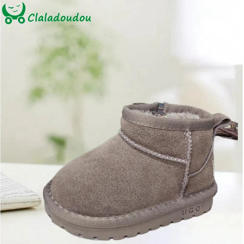 Brand Girls' Boots With Thick Plush,Solid Winter Boots For Children Boys,Genuine Leather Ankle Snow Boots 0-6Years Kids Woman