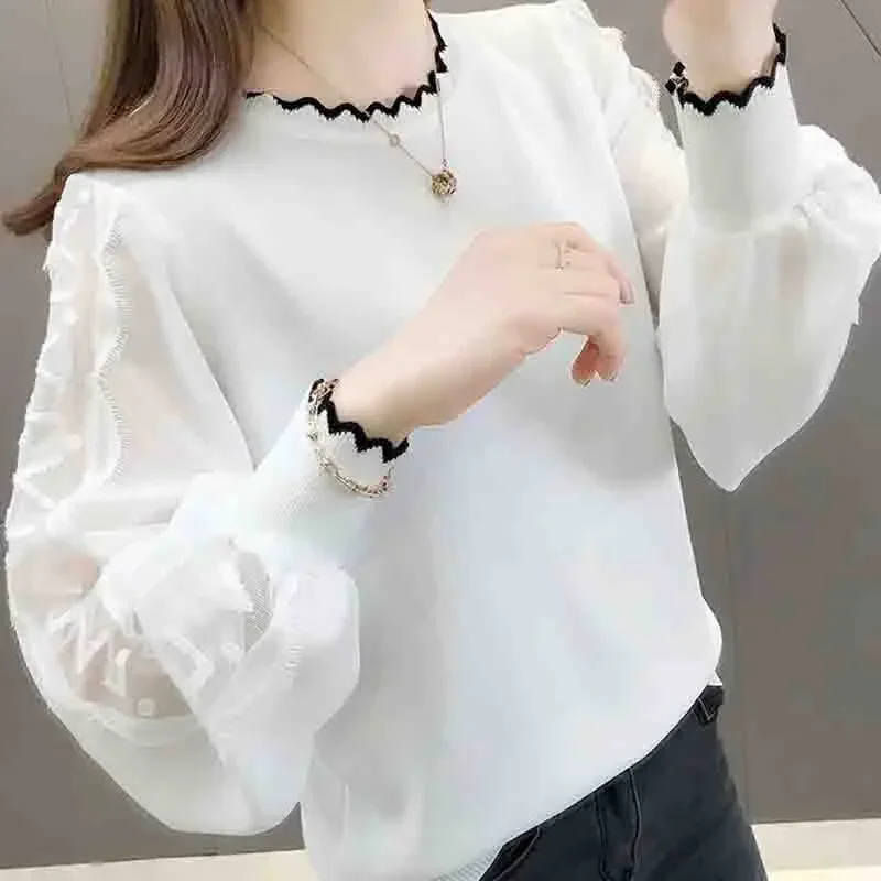 한국 여성용 레이스 니트 탑 봄 가을 패션 랜턴 소매 쉬폰 레이스 탑