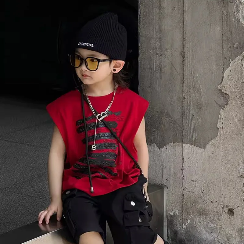 2026 Boys' Handsome Street Explosion Casual Sleeveless T-shirt Summer Thin Style Small Medium Children's Fashion Cool Tank Top