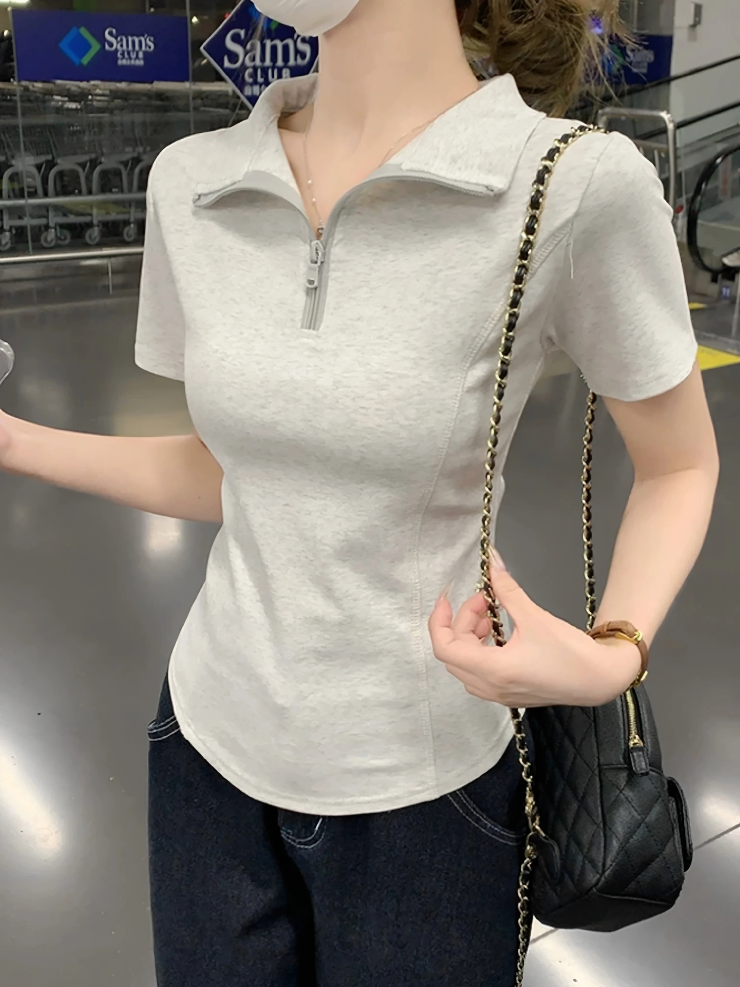 Slim Fit  Neck Zipper Short Sleeve T-Shirt Women's Cotton 95% Summer New Style Big Size Fishbone Top Elegant Simple Design