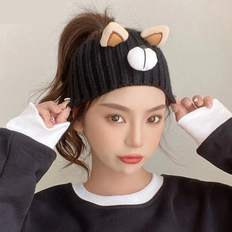 Cartoon Bear Knitted Headband Autumn Winter Warm Elastic Hair Band Utdoor Versatile Sweat-Absorbent Headgear Hair Accessories