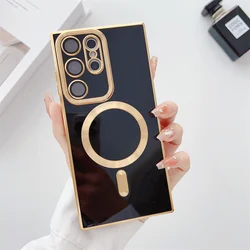 Gold Plating Camera Lens Protection Magnetic Case for Samsung Galaxy S26 Ultra/S25 Solid Color Funda S23 Ultra/S22 Plus/S21