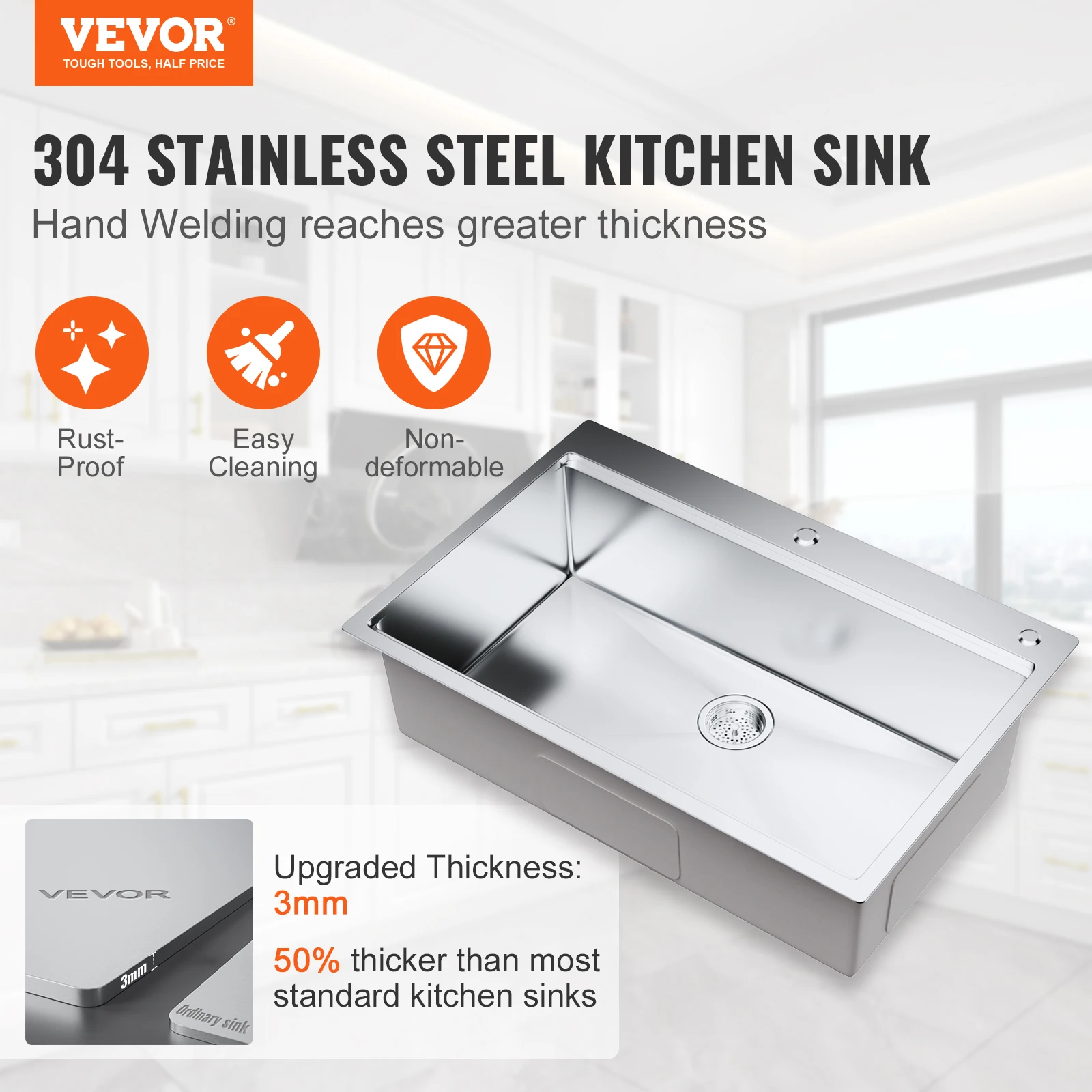 VEVOR Kitchen Sink 304 Stainless Steel Drop-In Sinks,Top Mount Single Bowl Basin  Household Dishwasher Sinks for RV Prep Kitchen