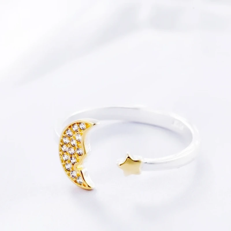 Sole Memory Zircon Cute Shiny Moon Star 925 Sterling Silver Fine Jewelry Luxury Resizable Opening Female Ring RI238