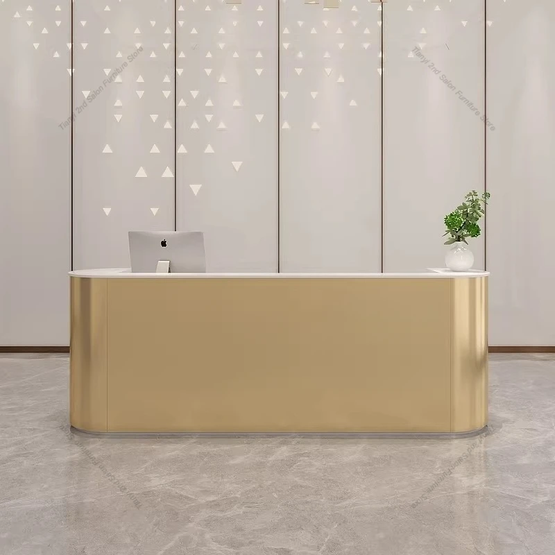 Nordic Minimalist Curved Stainless Steel Reception Desk High-End Beauty Salon Bar Counter Custom Office Front Desk Pulpitos