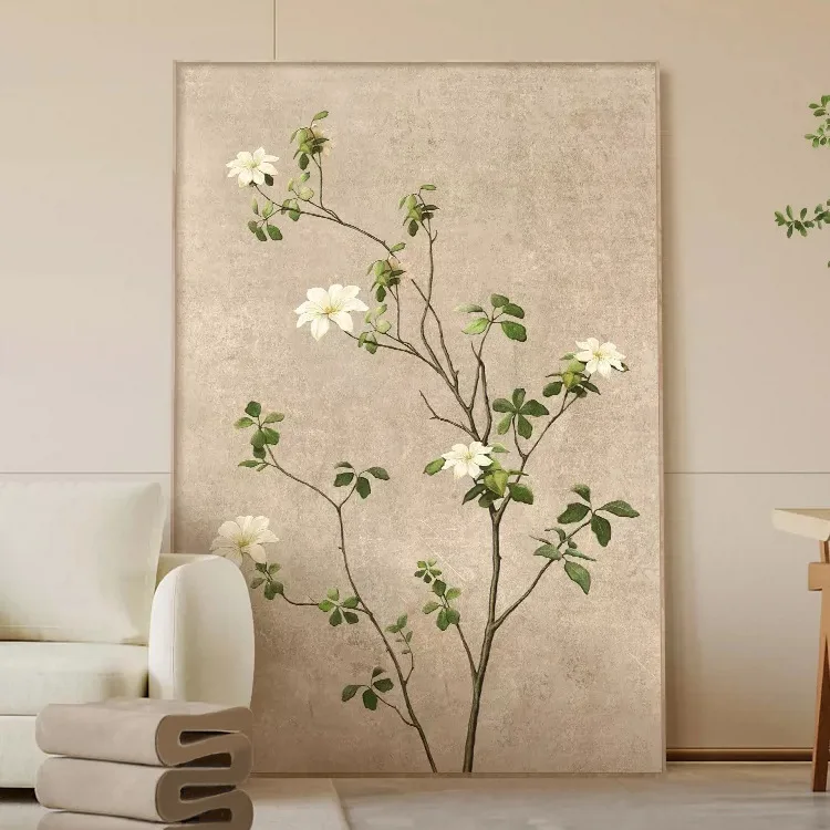

Wabi-sabi Japanese style green plant decoration sofa background wall log wind abstract simple canvas painting