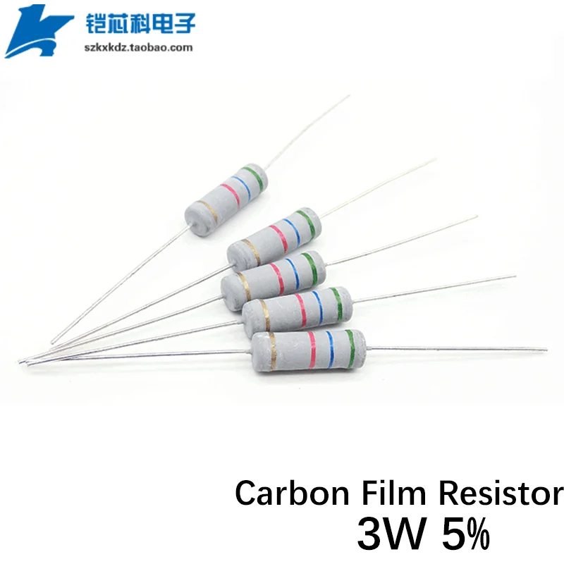 10Pcs 3W Carbon Film Resistor 5% 1R-910K 1M 3 4.3 10 100 120 Ohm 300R 1K 10K 100K 30K 150K 300K Color Ring Resistance
