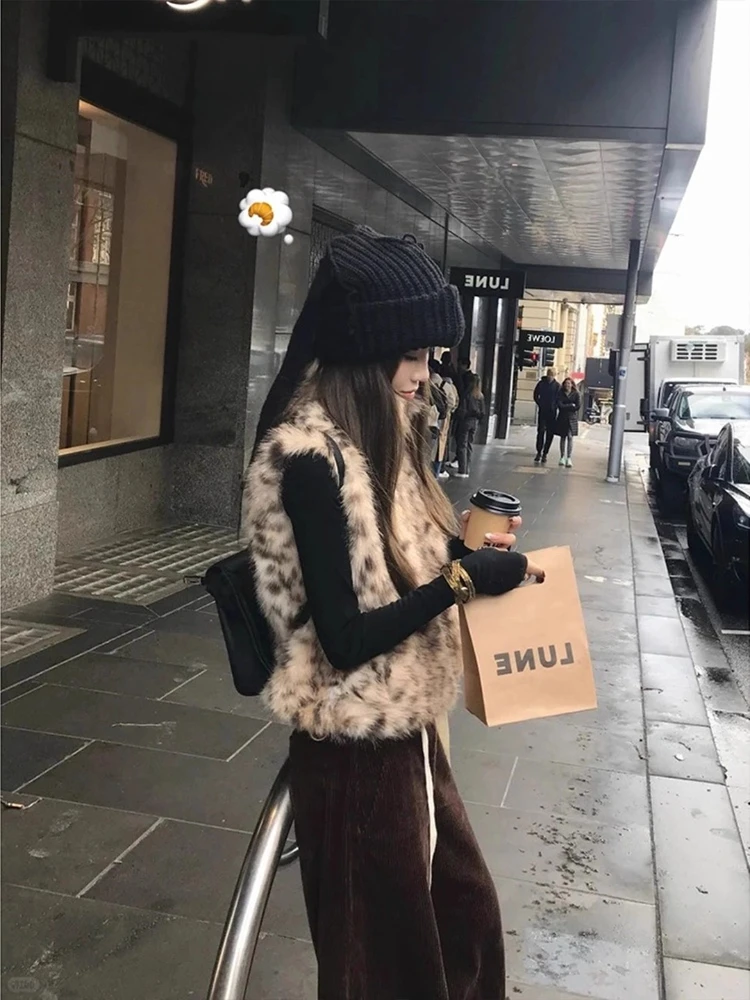 Vintage gradiente leopardo colete de pele do falso feminino gola eco-pele colete outono inverno rua legal zip-front jaqueta