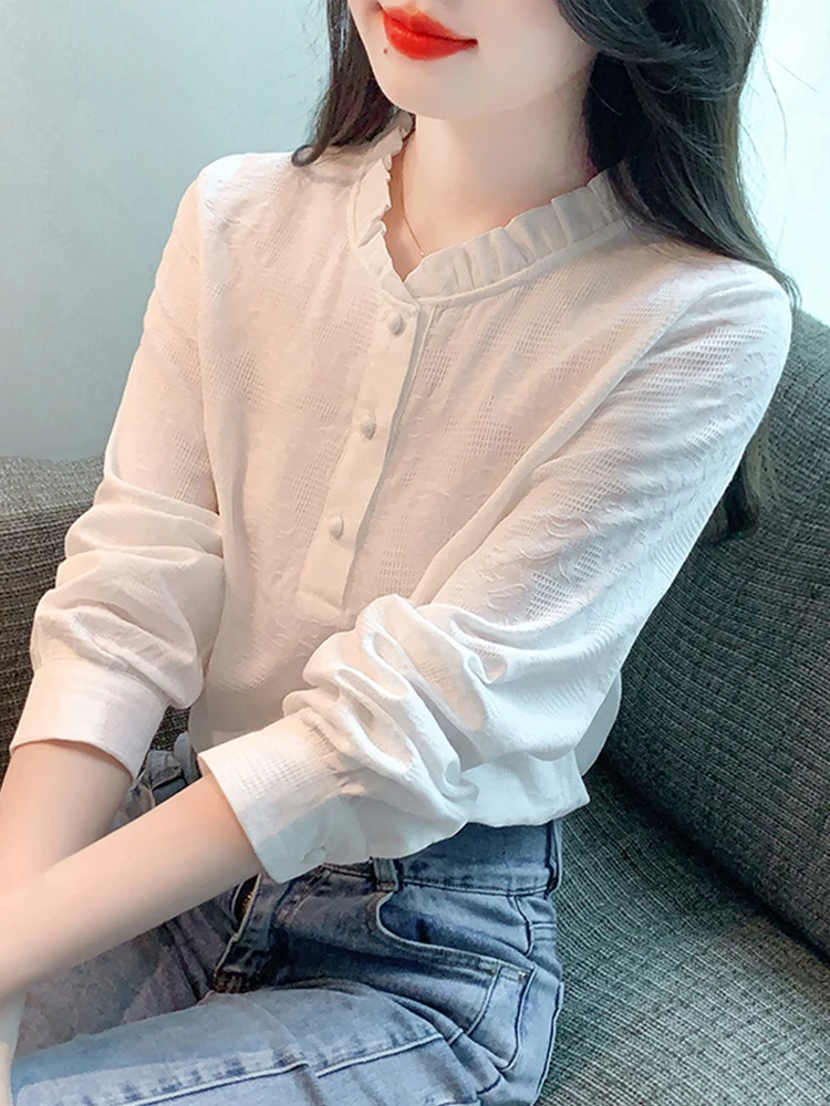 

Cotton irt Women's Long Sve Stand Collar Tee Buttons Slimming Top Korean Sle Commute Faion plus Size Spring New