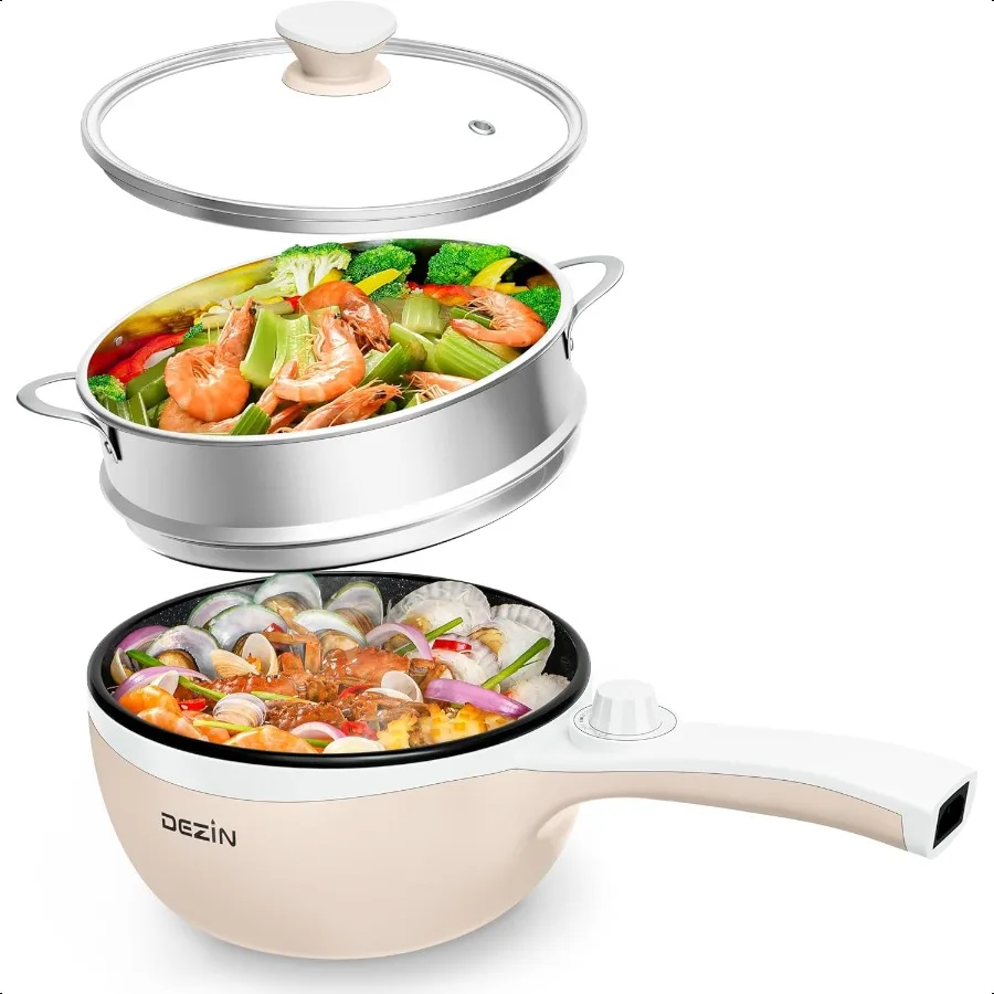 

Hot Pot Electric with Steamer Upgraded NonStick Saute Pan Rapid Noodles Electric Pot 1.5L Mini Pot for Steak Egg Fried Rice Ram