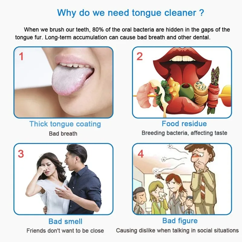 Bad Breath Removal Tongue Scraper Stainless Steel Reusable Tongue Cleaner Portable Carry Case Adult Daily Mouth Care