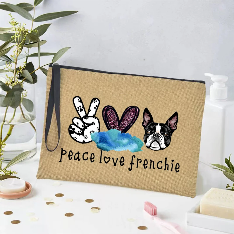 

Peace Love French Bulldog Print Women Makeup Bags Travel Cosmetic Case Toiletries Organizer Wash Storage Pouch Clutch Pencil Bag