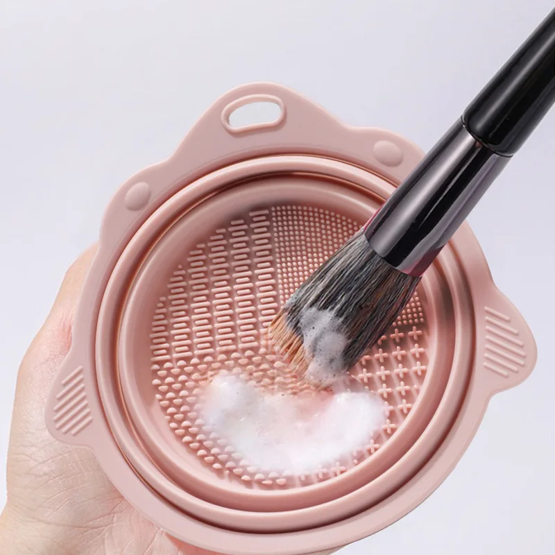 Cuenco de limpieza de brochas de maquillaje de silicona multifuncional, esponja para polvos, almohadilla de lavado de belleza con soporte para cepillos plegable