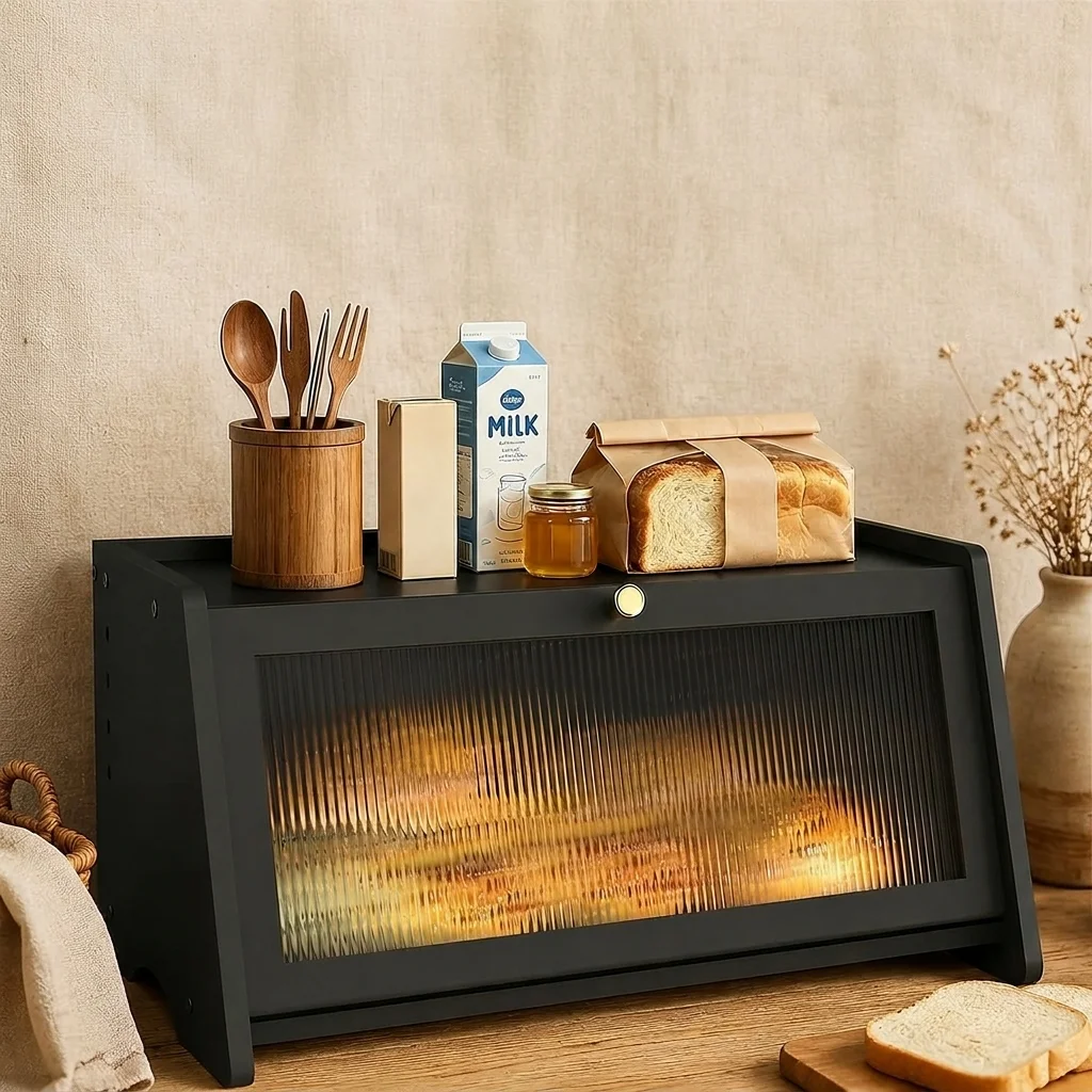 Zoyiancy Single Tier Black Bamboo Bread Box for Kitchen Countertop, Large Bread Storage Container with Ribbed Window for Bakery and Home Pantry Organization