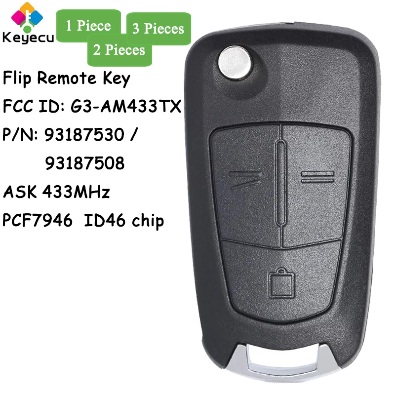 KEYECU Flip Remote Key With 3 Buttons 433MHz ID46 Chip for Vauxhall Opel Signum Vectra C 2002+ Fob 93187530 93187508 G3-AM433TX