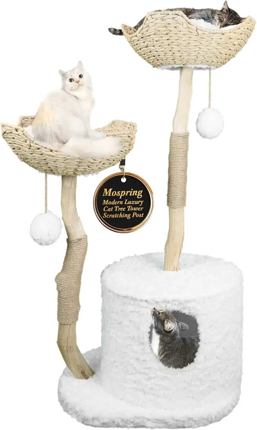 

Cat-Tree Tower Modern Cat Furniture Real Wood Branch Scratching Post Large Cat Condo Multi-Cat Perch White 46”|