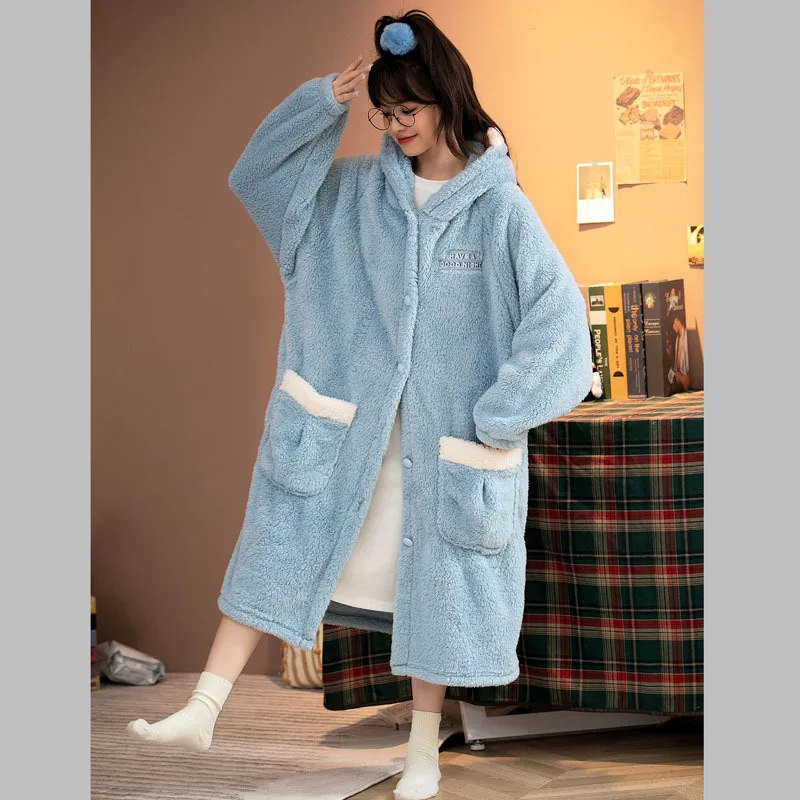 Winter Thicken Warm Nightgown For Women Shark Cosplay Hooded Nightdress Cartoon Pajamas Female Long Sleeve Flannel Robe Homewear
