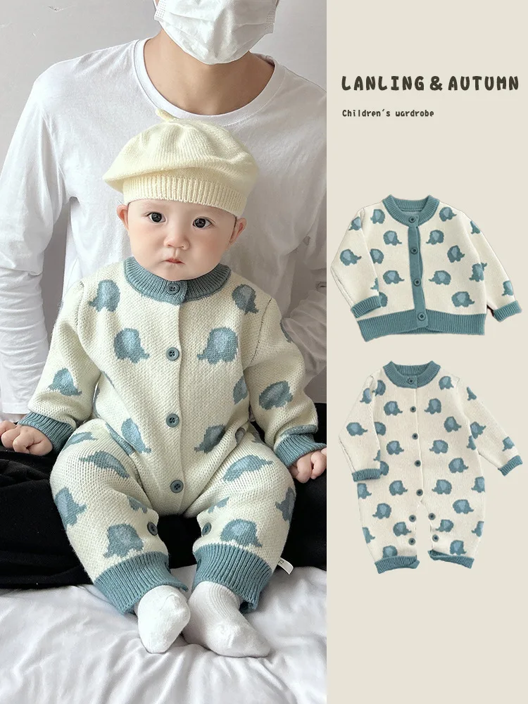 

Adorable Knitted Onesie for Infants And Toddlers Cartoon Print Heat Retaining Long Sleeve round Neck Cardigan Style Spring Au...