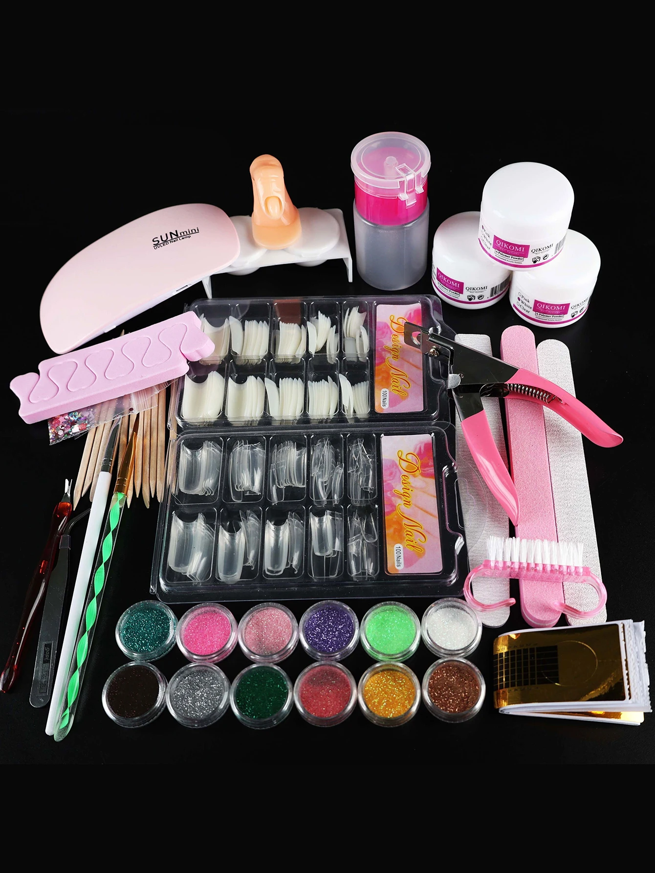 Complete Poly Gel Nail Extension Kit with Multi-Size False Nail Tips, 12 Colors Glitter Powder, Nail Clipper, Nail Files and F