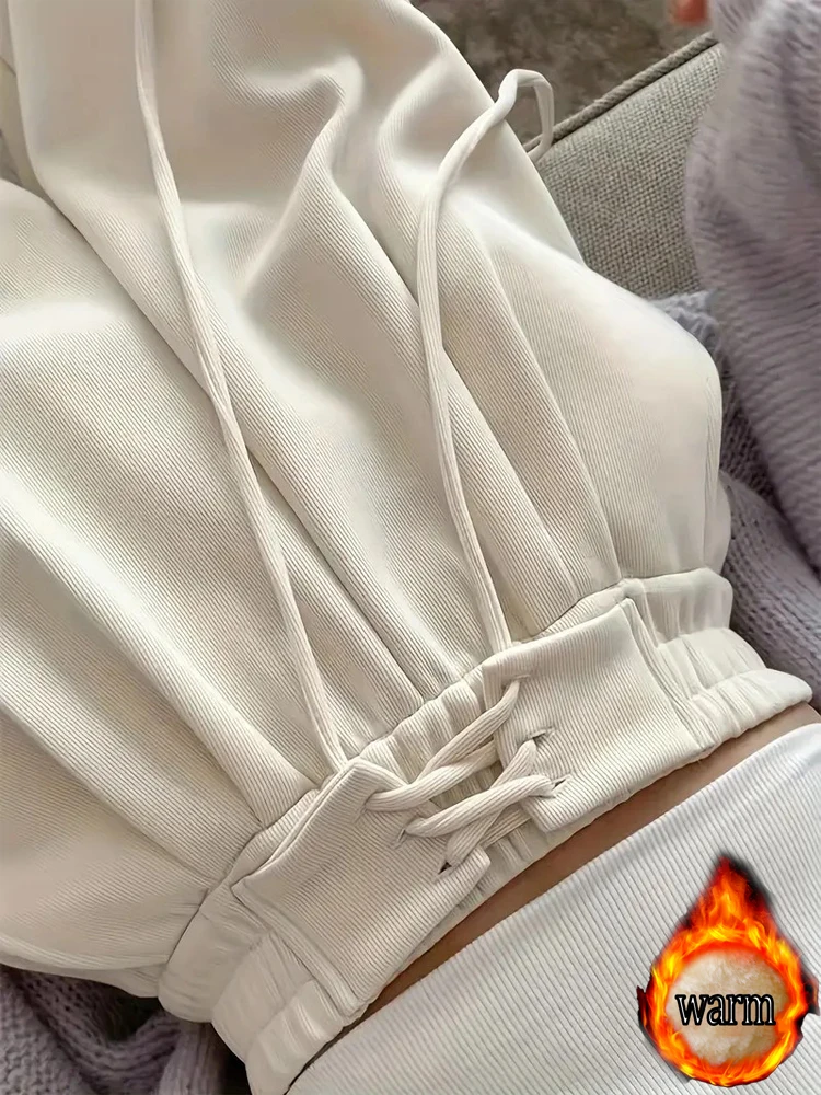 한국 스타일 인스 스타일 여성 캐주얼 팬츠, 새로운 가을 겨울 루즈 슬림 와이드 팬츠, 플리스 안감 및 두꺼운 소재, 하이웨이스트, 드레이프 스트레이트 팬츠