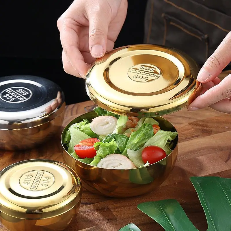 Stainless Steel Bowl Korean Big Cooked Rice Bowl With Cover Single Layer Steamed Rice Bowl Child Anti-Scalding/fall Tableware