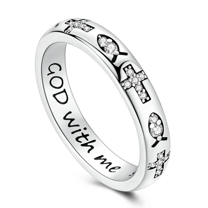 

Original 925 Sterling Silver Sparkling Fish Motif Cross Ring For Women Girls Jewelry Birthday Anniversary Gifts