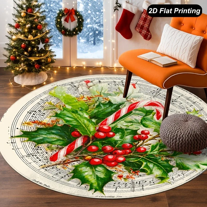 Sheet Music Christmas Rug vintage musical note staff print watercolor holly berry candy cane floor accent 80x80cm