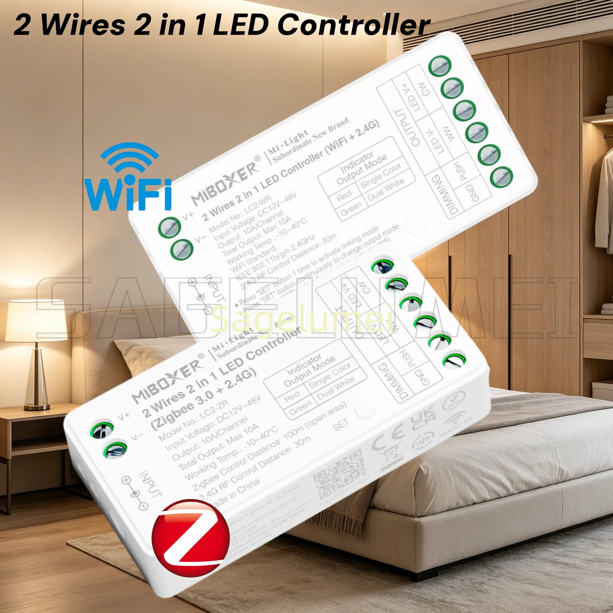 Milight LC2-ZR Zigbee 3.0+2.4GHzRF 2Wires 2in1 Brightness adjustable Single color/Dual white CCT Controller Dimmer for Led Strip