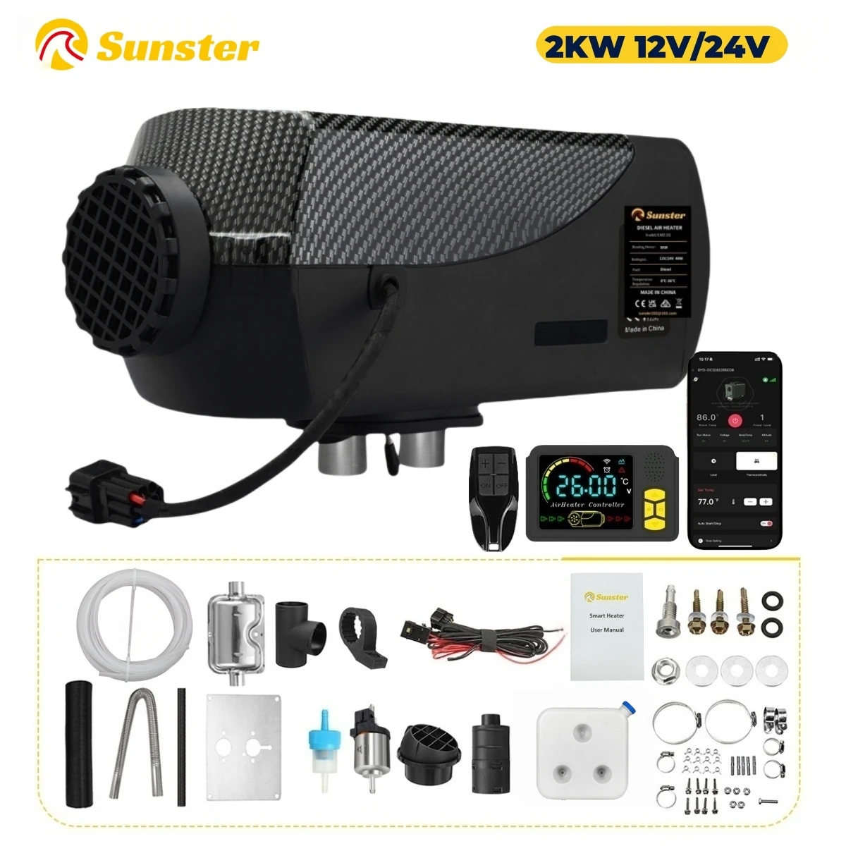 2KW 12V/24V Dieselkachel SH B2 LCD MZ Afstandsbediening Bluetooth Geluidsarme Standkachel voor Camper, Truck, Tent, Boot, Winterverwarming