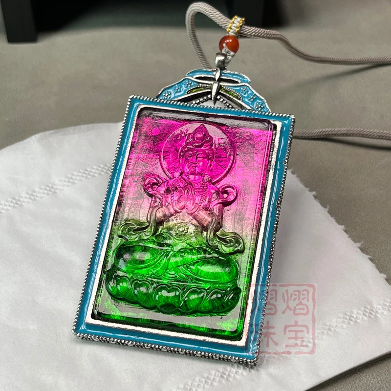 Wholesale ethnic-style imitation high-grade ice jadeite Guanyin pendant sweater chain, longevity and longevity amulet with ename