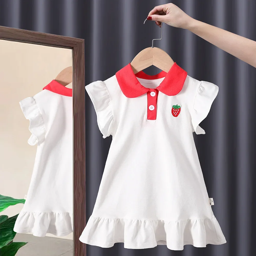 Summer Kids Clothes Baby Girls Dress Preppy Style Cartoon Bear Pleated Dress Toddler Cute Strawberry Polo Dress Princess Dresses