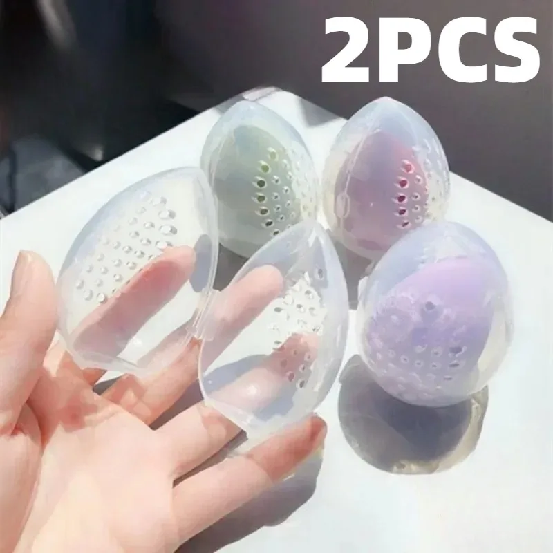 2pcs Travel Cosmetic Sponge Box, Portable, Pink, White. Plastic Box Cosmetic Organizer, Beauty Egg Storage Box.