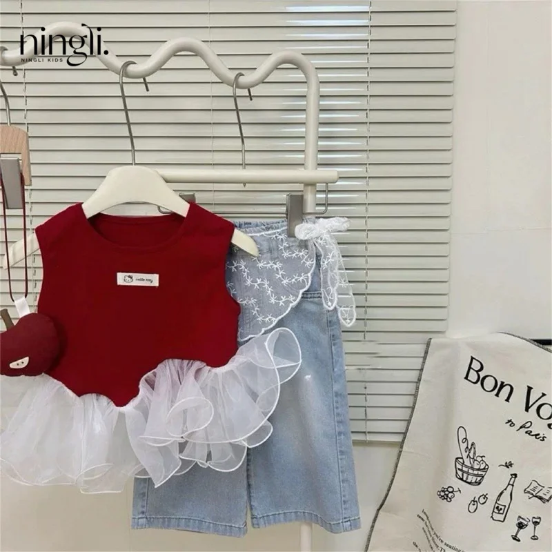 

Girls Summer Patchwork Vest Stylish Summer Baby Girl Ruffle Mesh Edge Top Denim Pants Two-Piece Set