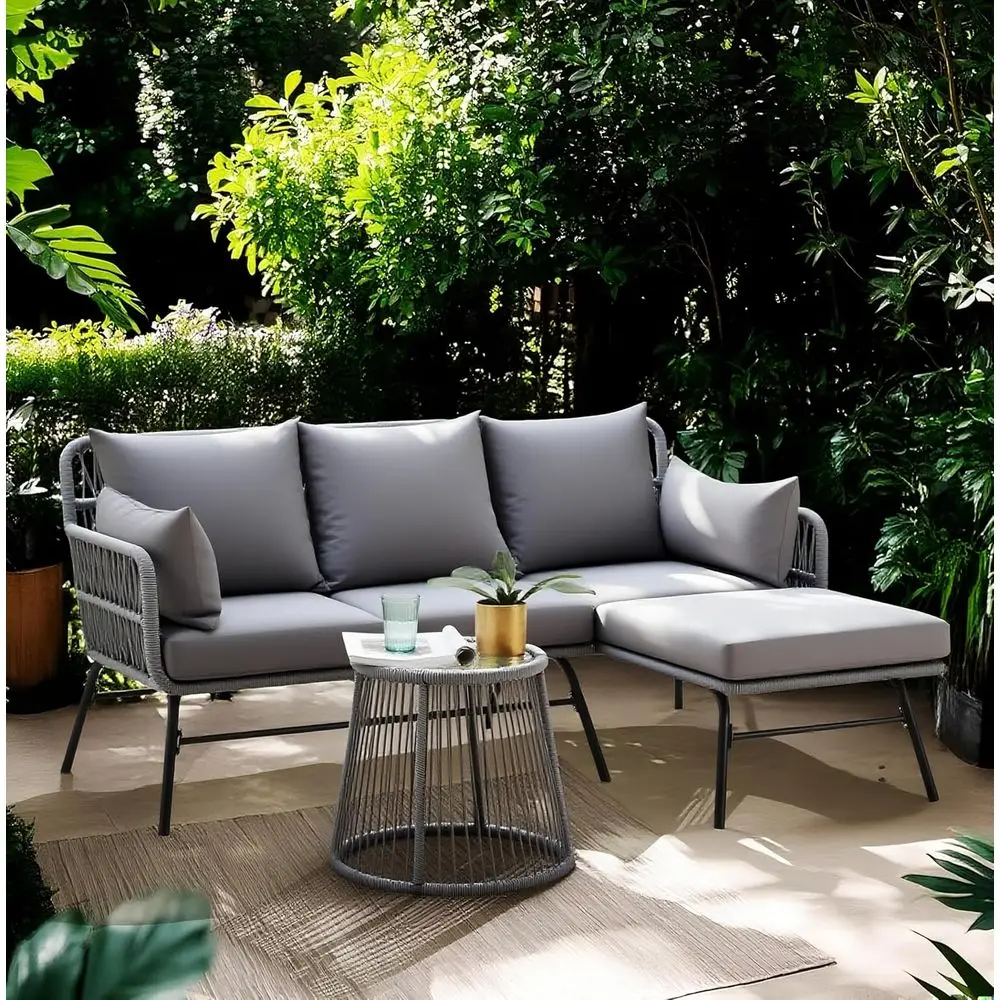 

L-Shaped Rattan Patio Sectional with Cushions and Glass Table - Weather-Resistant Outdoor Furniture Set