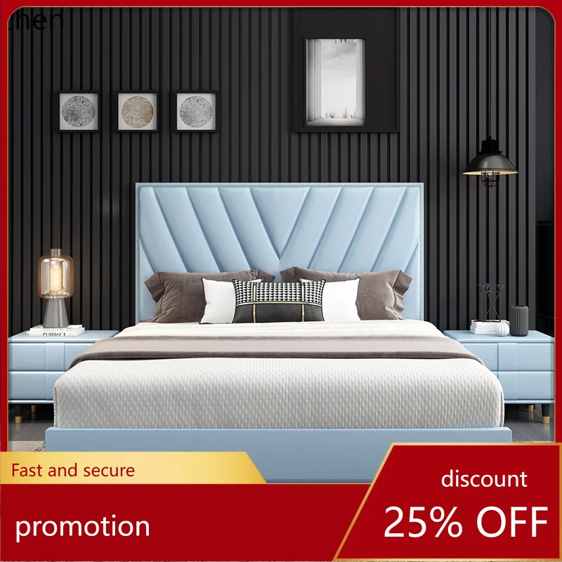 HXL Bracket Structure Leather Art Bed Ultra-fiber Leather Solid Wood Leather Splicing Single Bed