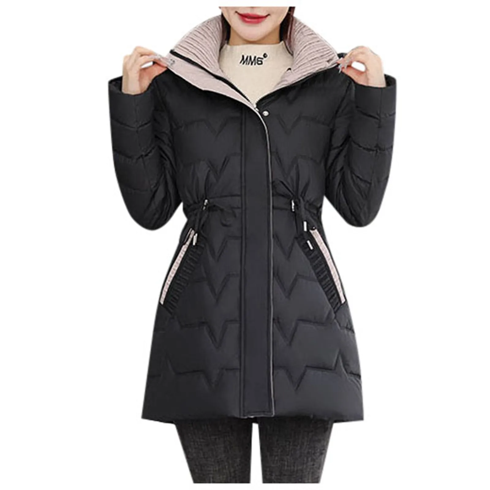 2024 Women's Mid Length Hooded Slim Fit Coat Autumn Winter Fashion Solid Color Block Thicken Padded Jacket Female Padded Coat