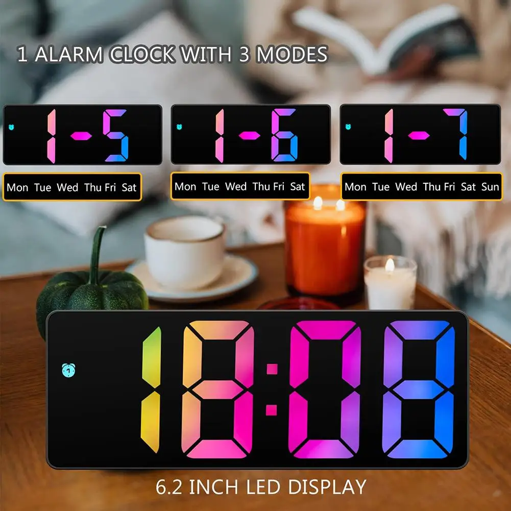 LED Digital Colorful Screen Alarm Clock 12/24 Hours Adjustable Brightness Desk Electronic Clocks For Home Bedroom Office Decor