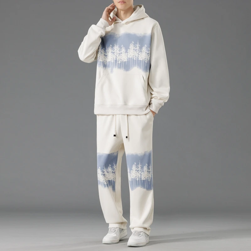 Casual Loose Cotton Printed Tracksuit Street Men Hoodies Straight Pants 2 Piece Set Hip Hop Sports Hooded Pullover Trousers